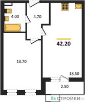 Планировка однокомнатной(квартира) площадью 42.2 квадратных метров в “ЖК Прокшино”