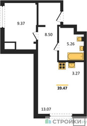 Планировка однокомнатной(квартира) площадью 39.47 квадратных метров в ЖК “ЖК EvoPark Сокольники”