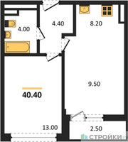 Планировка однокомнатной(квартира) площадью 40.4 квадратных метров в “ЖК Родные кварталы”
