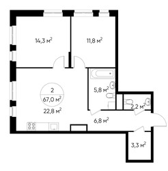 Планировка двухкомнатной(квартира) площадью 67 квадратных метров в ЖК “ЖК Первый Московский”