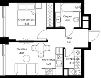 Планировка однокомнатной(квартира) площадью 39.6 квадратных метров в ЖК “ЖК Сити Бэй”