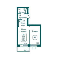 Планировка однокомнатной(квартира) площадью 39.6 квадратных метров в ЖК “ЖК Андреевка Life (Андреевка Лайф)”