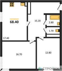 Планировка двухкомнатной(квартира) площадью 68.4 квадратных метров в ЖК “ЖК Сердце Одинцово”