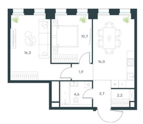 Планировка двухкомнатной(квартира) площадью 54.4 квадратных метров в ЖК “ЖК Level Селигерская”