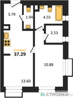 Планировка однокомнатной(апартаменты) площадью 37.29 квадратных метров в “ЖК N’ICE LOFT (Найс Лофт)”