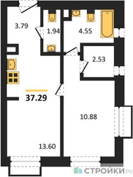 Планировка однокомнатной(апартаменты) площадью 37.29 квадратных метров в ЖК “ЖК N’ICE LOFT (Найс Лофт)”