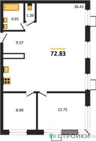 Планировка двухкомнатной(квартира) площадью 72.83 квадратных метров в “ЖК Квартал Тетрис”