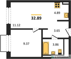 Планировка однокомнатной(квартира) площадью 32.89 квадратных метров в “ЖК Квартал Марьино”