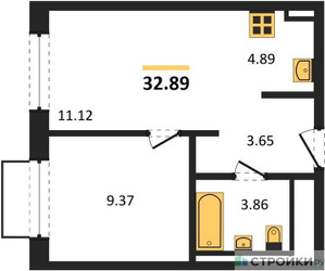Планировка однокомнатной(квартира) площадью 32.89 квадратных метров в ЖК “ЖК Квартал Марьино”