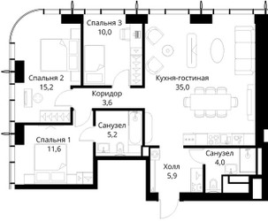 Планировка трехкомнатной(квартира) площадью 90.5 квадратных метров в ЖК “ЖК Сити Бэй”