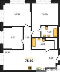 Планировка трехкомнатной(квартира) площадью 78.5 квадратных метров в ЖК “Архитектурный проект U2 (ЮТУ)”