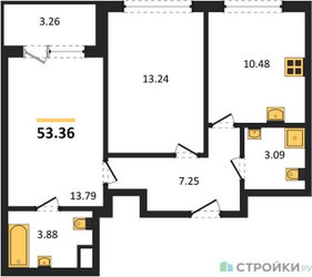 Планировка двухкомнатной(квартира) площадью 53.36 квадратных метров в ЖК “ЖК Одинград. Квартал Семейный”