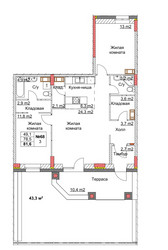 Планировка трехкомнатной(квартира) площадью 83.5 квадратных метров в ЖК “ЖК Клюквенный”