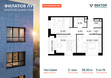 Планировка двухкомнатной(квартира) площадью 58.9 квадратных метров в ЖК “Квартал Филатов луг”