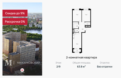 Планировка двухкомнатной(квартира) площадью 63.8 квадратных метров в ЖК “ЖК Михалковский”