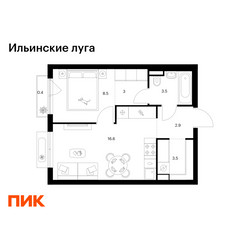 Планировка однокомнатной(квартира) площадью 38.4 квадратных метров в ЖК “ЖК Ильинские луга”