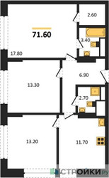 Планировка трехкомнатной(квартира) площадью 71.6 квадратных метров в ЖК “ЖК МАРК”