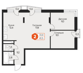 Планировка трехкомнатной(квартира) площадью 60.4 квадратных метров в ЖК “ЖК Фрунзенский”