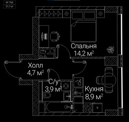 Планировка однокомнатной(квартира) площадью 31.7 квадратных метров в ЖК “ЖК СЕЗАР БУДУЩЕЕ”