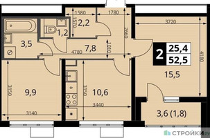 Планировка двухкомнатной(квартира) площадью 52.5 квадратных метров в “ЖК ЮЖНАЯ БИТЦА”