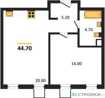 Планировка однокомнатной(квартира) площадью 44.7 квадратных метров в “ЖК Shagal (Шагал)”