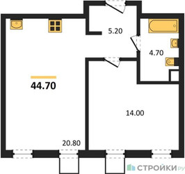 Планировка однокомнатной(квартира) площадью 44.7 квадратных метров в ЖК “ЖК Shagal (Шагал)”