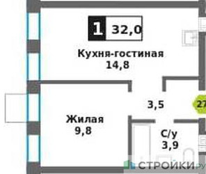 Планировка однокомнатной(квартира) площадью 32 квадратных метров в ЖК “ЖК Никольский квартал Отрада”