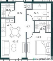Планировка однокомнатной(квартира) площадью 48 квадратных метров в “ЖК SHIFT (Шифт)”