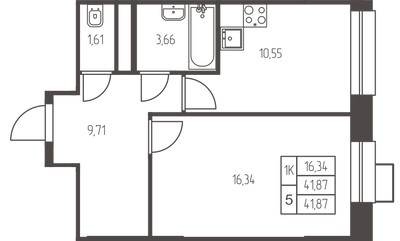 Планировка однокомнатной(квартира) площадью 41.9 квадратных метров в ЖК “ЖК Новая Ивантеевка”