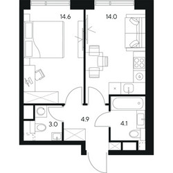 Планировка однокомнатной(квартира) площадью 40.6 квадратных метров в ЖК “ЖК NEXUS by Akvilon (Нексус от Аквилон)”