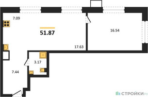 Планировка однокомнатной(квартира) площадью 51.87 квадратных метров в “ЖК EvoPark Сокольники”