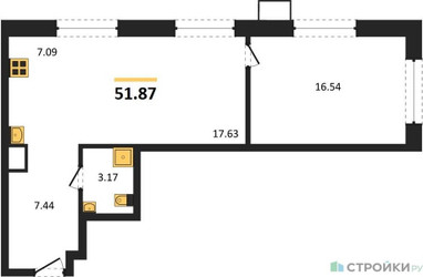 Планировка однокомнатной(квартира) площадью 51.87 квадратных метров в ЖК “ЖК EvoPark Сокольники”