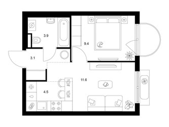 Планировка однокомнатной(квартира) площадью 33 квадратных метров в ЖК “ЖК Ильинские луга”