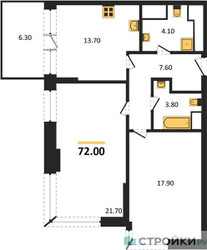 Планировка двухкомнатной(квартира) площадью 72.2 квадратных метров в ЖК “ЖК VERY на Миклухо-Маклая (Вери на Миклухо-Маклая)”