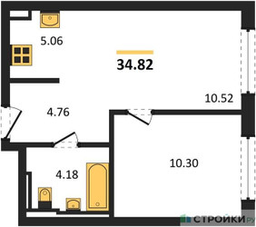 Планировка однокомнатной(квартира) площадью 34.82 квадратных метров в ЖК “ЖК Квартал Герцена”