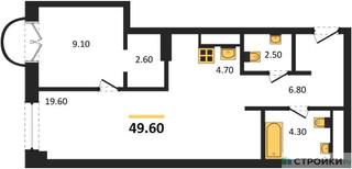 Планировка однокомнатной(квартира) площадью 49.6 квадратных метров в “ЖК Новые смыслы”