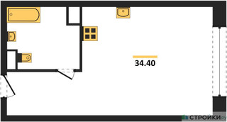 Планировка студии(квартира) площадью 34.4 квадратных метров в “ЖК Стремянный 2 (Амарант)”