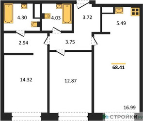 Планировка двухкомнатной(квартира) площадью 68.5 квадратных метров в ЖК “ЖК Собрание клубных домов West Garden (Вест Гарден)”