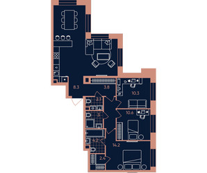 Планировка 4+ комнатной(квартира) площадью 94.2 квадратных метров в ЖК “Квартал Эра”