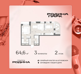 Планировка трехкомнатной(квартира) площадью 64.6 квадратных метров в ЖК “ЖК Родина Парк”