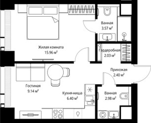 Планировка однокомнатной(квартира) площадью 42.48 квадратных метров в ЖК “ЖК Веер”