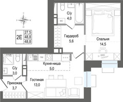 Планировка двухкомнатной(квартира) площадью 48.8 квадратных метров в “ЖК КИНОКВАРТАЛ”