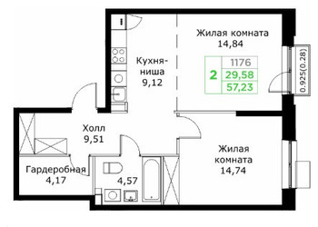 Планировка двухкомнатной(квартира) площадью 57.23 квадратных метров в ЖК “ЖК КИТ 2”