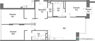 Планировка трехкомнатной(квартира) площадью 150.5 квадратных метров в “ЖК Ренессанс”