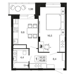 Планировка однокомнатной(квартира) площадью 40.9 квадратных метров в ЖК “ЖК Времена года”