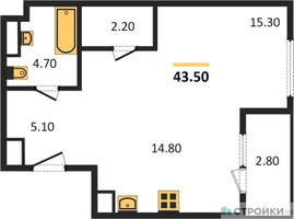 Планировка однокомнатной(квартира) площадью 43.5 квадратных метров в “ЖК Sydney City (Сидней Сити)”