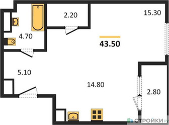 Планировка однокомнатной(квартира) площадью 43.5 квадратных метров в ЖК “ЖК Sydney City (Сидней Сити)”