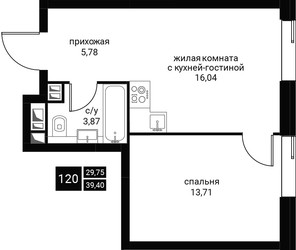 Планировка двухкомнатной (квартира) площадью 39.4 квадратных метров в ЖК “Инноватор”