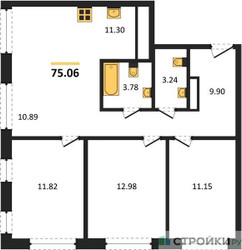 Планировка трехкомнатной(квартира) площадью 74.8 квадратных метров в ЖК “ЖК Self (Селф)”