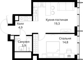 Планировка однокомнатной(квартира) площадью 42.9 квадратных метров в “ЖК Сити Бэй”